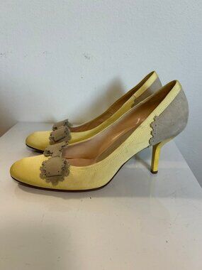 Pollini Yellow Heels Y2K Grey Scalloped Bows Made in Italy Leather EUC Sz 37 (7)